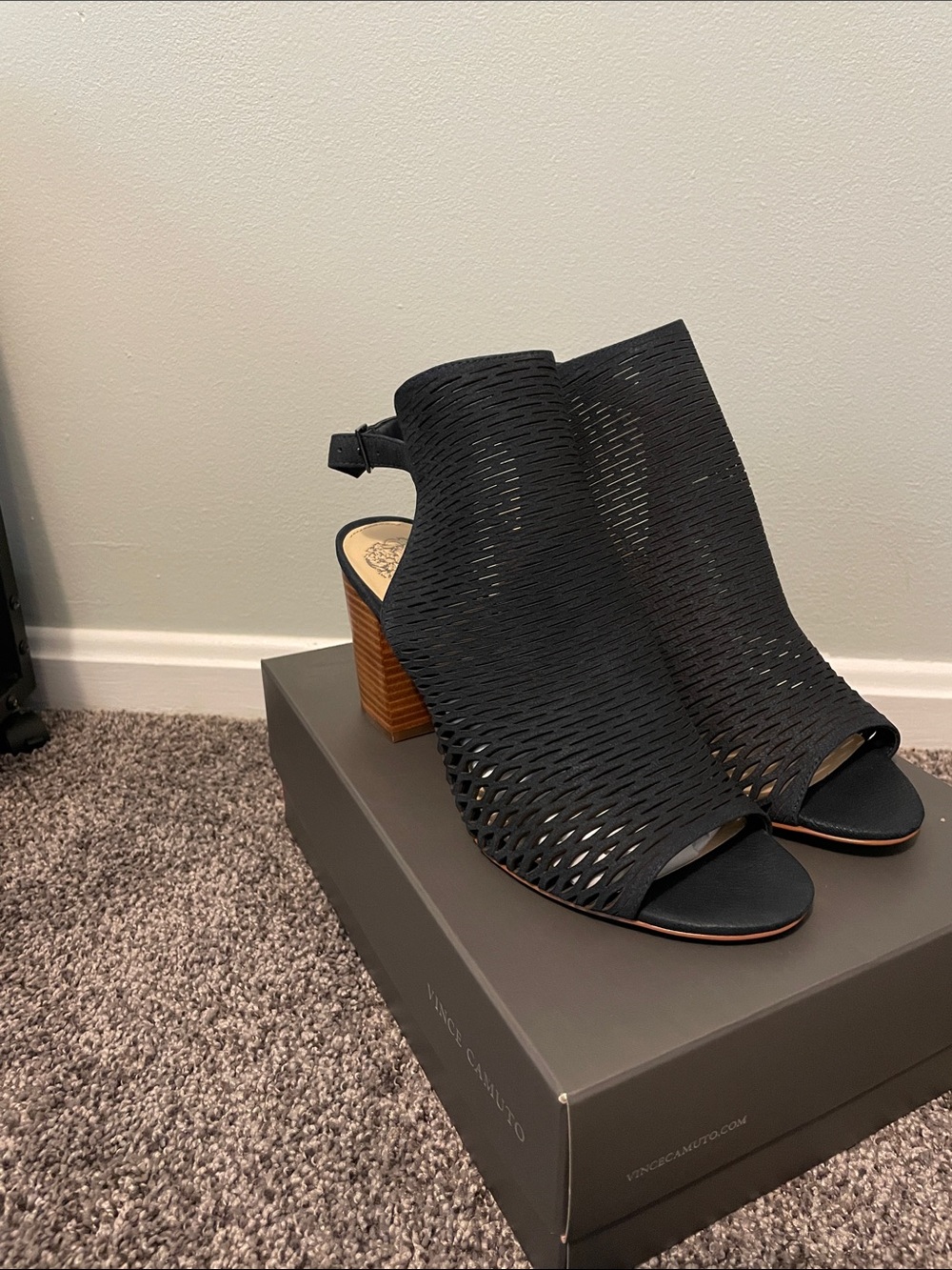 Vince Camuto Black Laser-Cut Open-Toe Slingback Block Heels